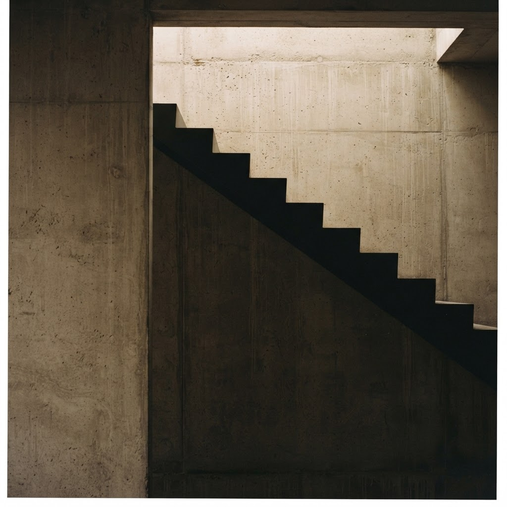 Raw concrete and the hard diagonal shadow of a staircase